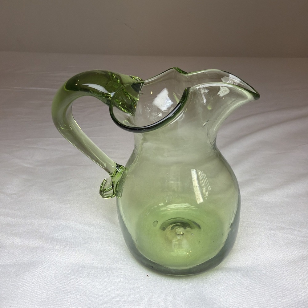 Green Glass Pitcher Ruffled Rim Applied Handle Vintage